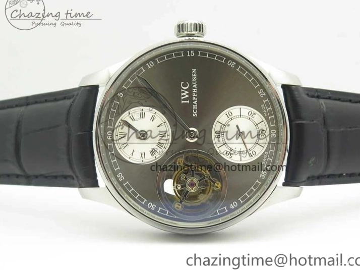 MIROTIME 0714 Popular Portuguese Flying Tourbillon SS Gray Dial 2 Sub Dials on Black Leather Strap 7159